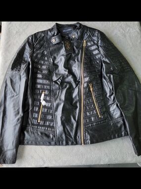 Bellivera Women's Black Quilted Faux Leather Moto Jacket with Gold Hardware